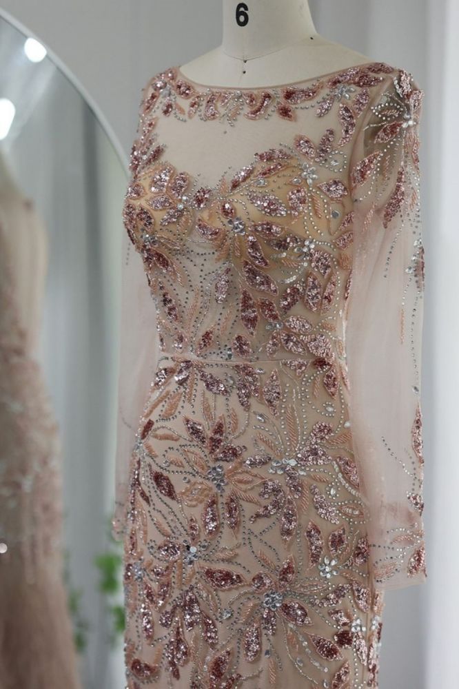 Elegant Scoop Neck Long Sleeves Front Slit Evening Dress Glitter Sequins Flower Fur Floor-Length Wedding Party Dress-Babyonlinewholesale