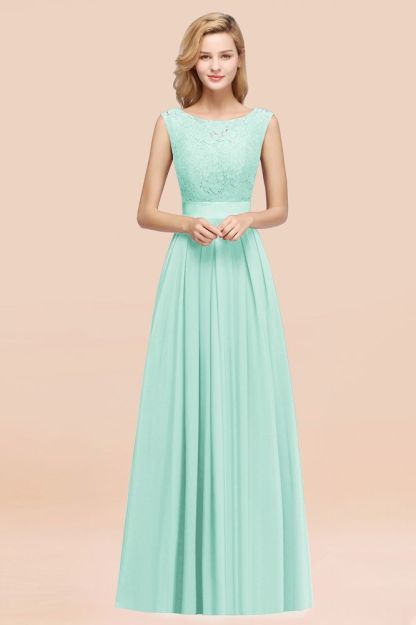 A-line Chiffon Lace Jewel Sleeveless Ruffles Floor-length Bridesmaid Dress