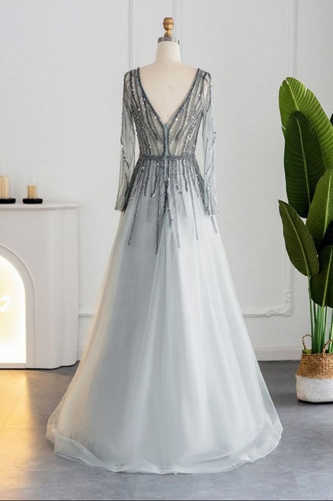 Elegant Sequins Beading A-line Eveing Party Dress V-neck Long Sleeves Tulle Party Gown