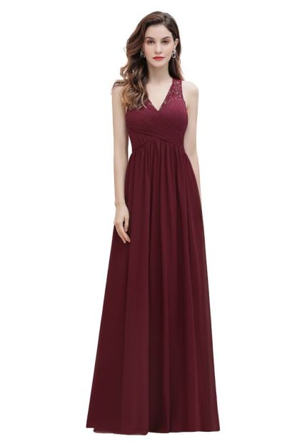 V-Neck A-line Chiffon Evening Maxi Dress Sleeveless Bridesmaid Wedding Guest Dress