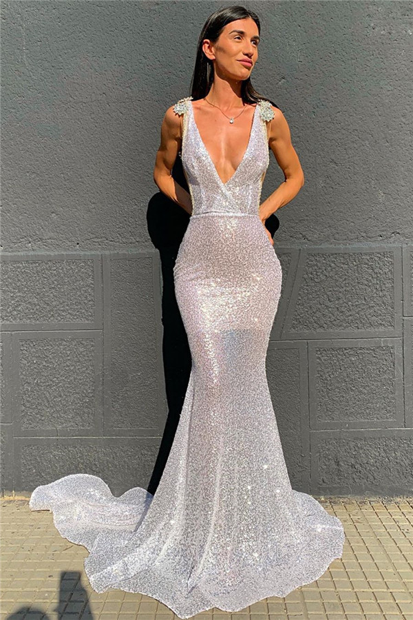 Deep V-neck Sparkling Sequins Beading Sexy Evening Gowns | Backless Mermaid Sleeveless Prom Dresses With Court Train-Babyonlinewholesale