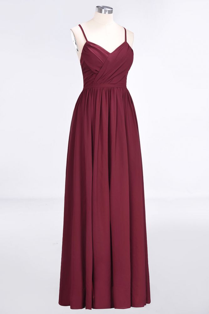 Chiffon A-Line Spaghetti-Straps V-Neck Sleeveless Long Bridesmaid Dress with Ruffles