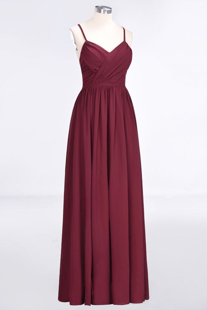 Chiffon A-Line Spaghetti-Straps V-Neck Sleeveless Long Bridesmaid Dress with Ruffles