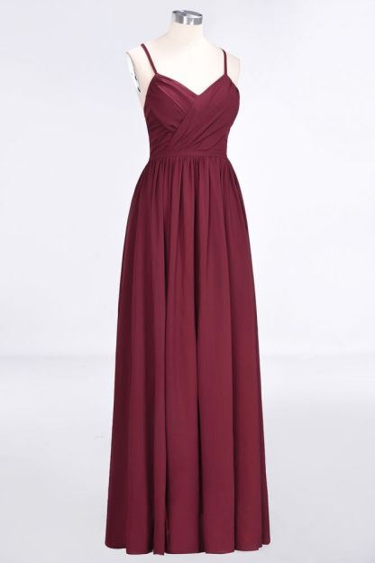 Chiffon A-Line Spaghetti-Straps V-Neck Sleeveless Long Bridesmaid Dress with Ruffles