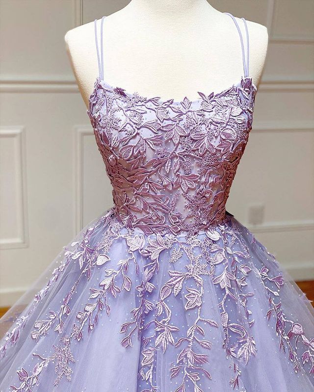 Spaghetti Straps Floral Lace Aline Evening Gown Sleeveless Prom Dress