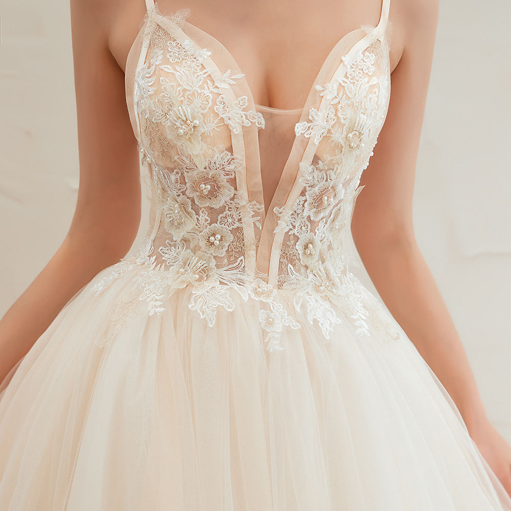 Boho Spaghetti Straps Ivory Ball Gown Wedding Dress | Romantic Bridal Gowns for Sale