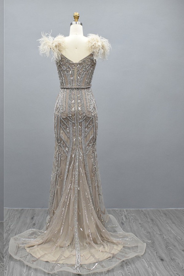 Champange Beaded Feathers neckline Sheath Prom Dress