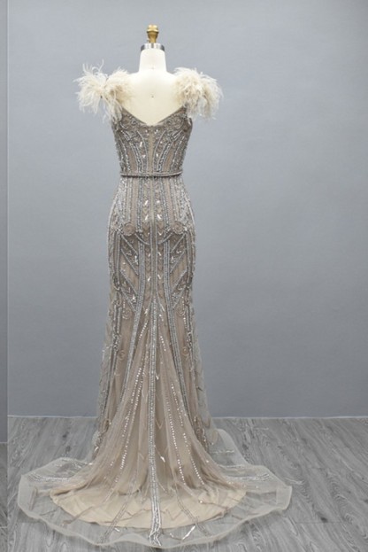 Champange Beaded Feathers neckline Sheath Prom Dress