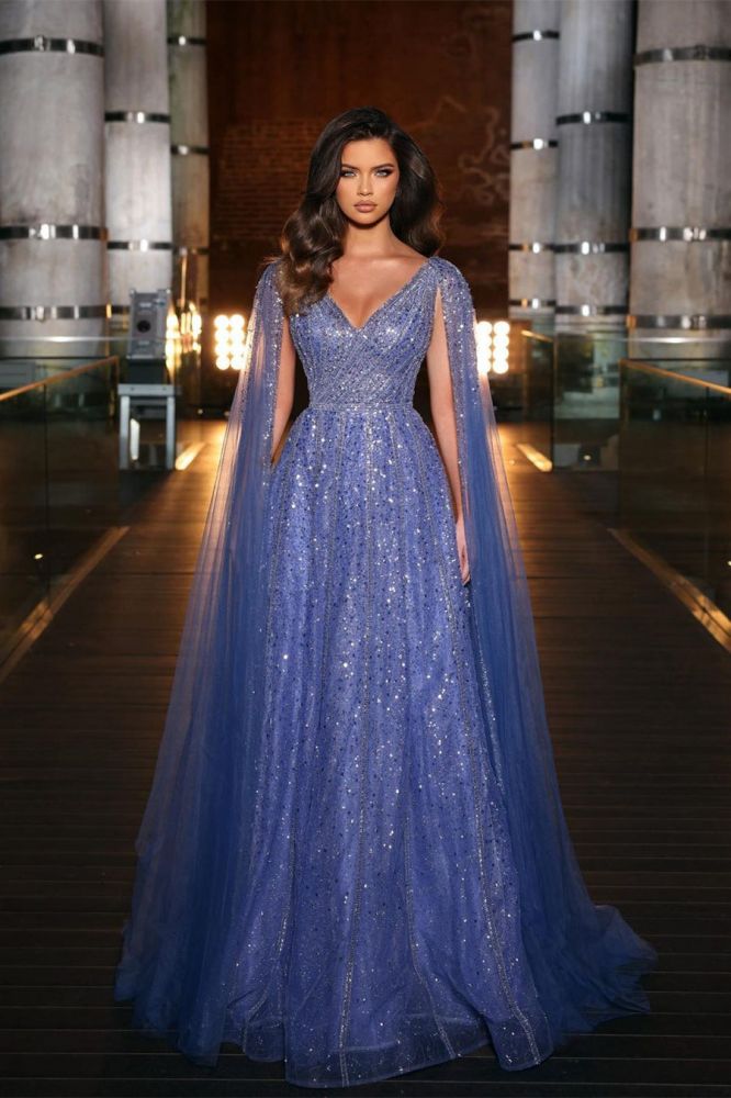 V-neck A-line Tulle Empire Sequin Prom Dresses