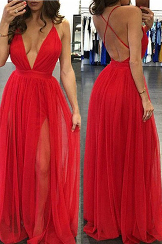 V-neck Straps Red Chiffon Long A-line Prom Dresses