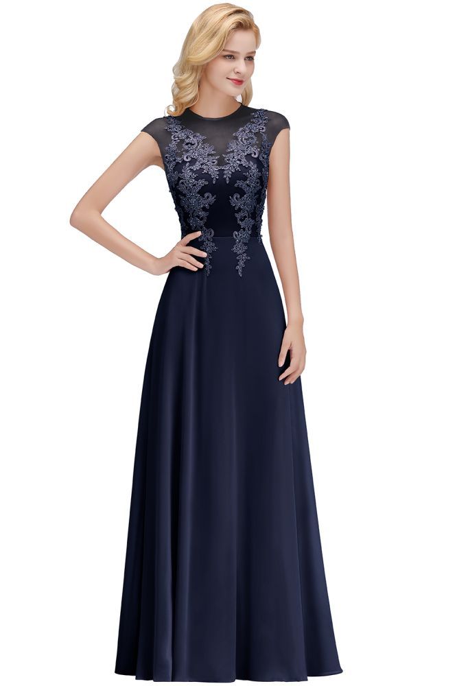Cap Sleeve Lace Appliques Beads Slim A-line Evening Prom Dress for Women