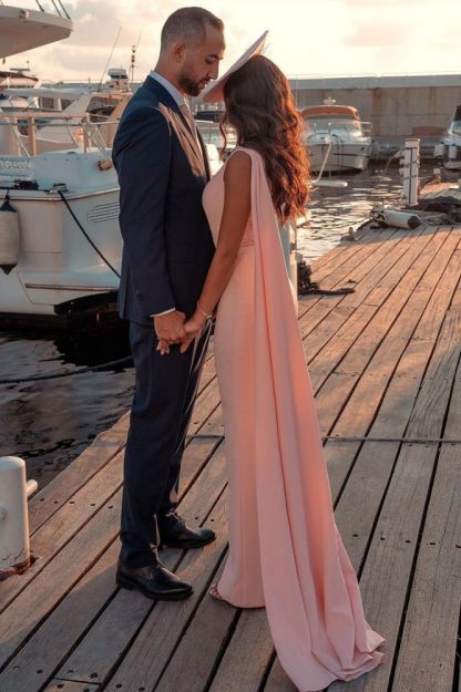 Sweetheart Sheath Evening Dress Sleeveless Slim Jumpsuit Beaded Feather Floor Length Party Gowns with Cape-Babyonlinewholesale