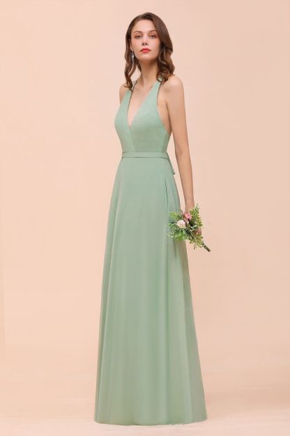 Mint Green V-Neck Sleeveless Bridesmaid Dress Aline Formal Dress