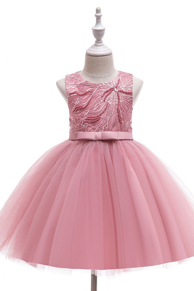 Dusty pink sleeveless knee length belt flower girl dress