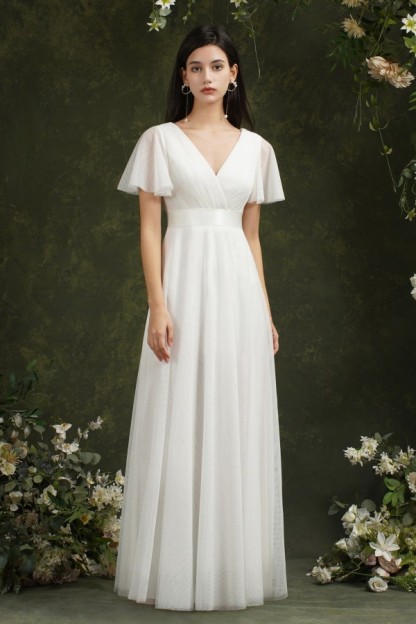 Short sleeves white chiffon bridesmaid dress