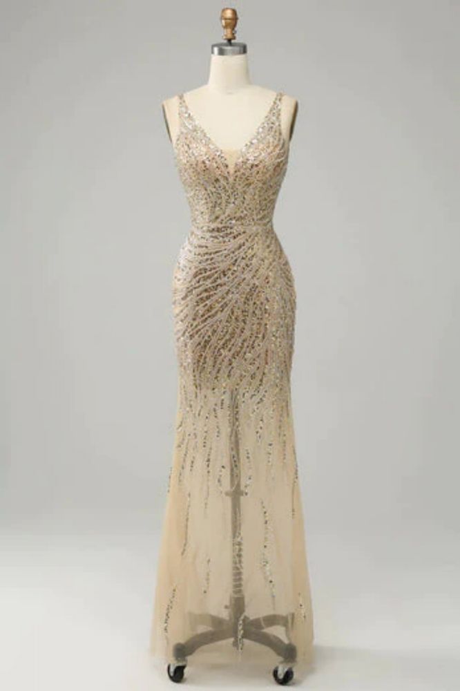 Stunning Golden Beaded Bodycon Long Prom Dress V-Neck Sleeveless Party Dress