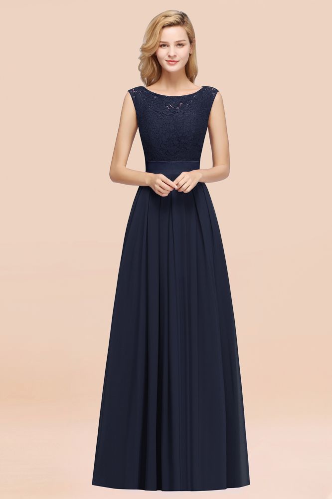 A-line Chiffon Lace Jewel Sleeveless Ruffles Floor-length Bridesmaid Dress
