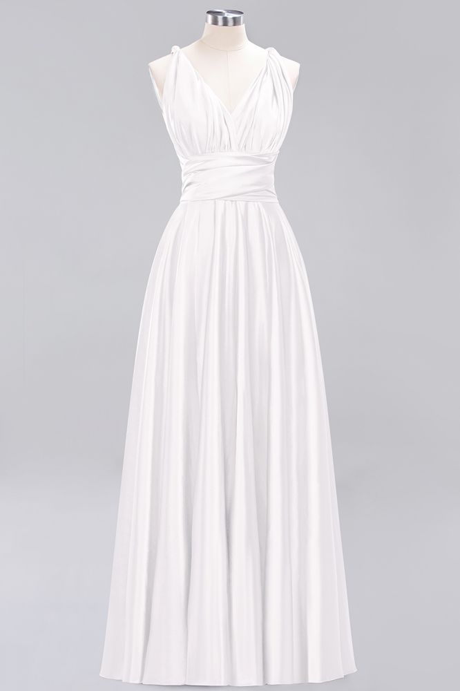 Simple A-Line V-Neck Sleeveless Floor Length Convertible Bridesmaid Dress with Ruffles