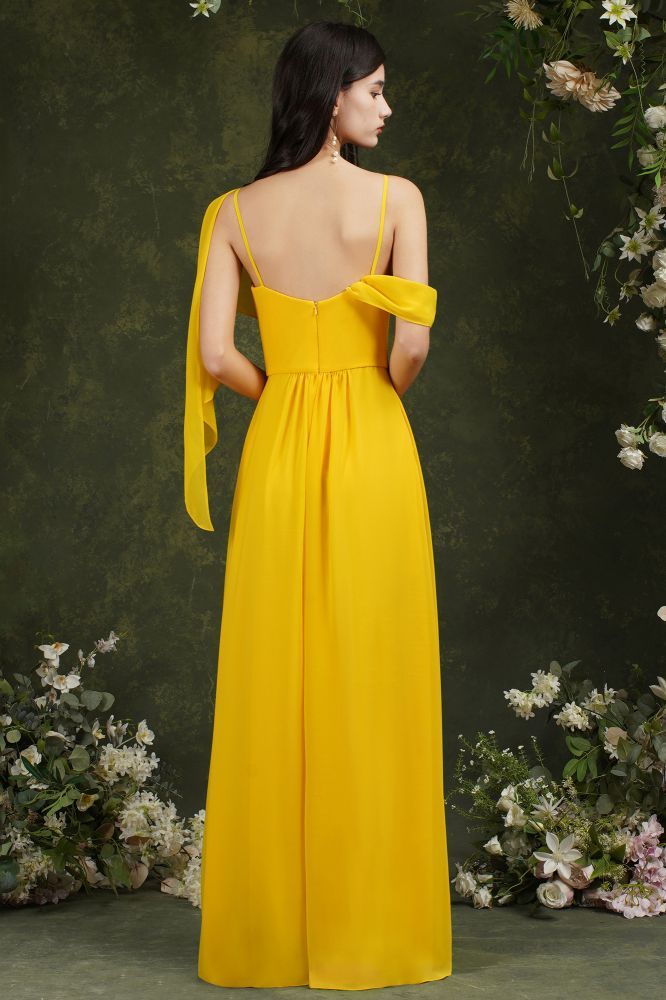 Yellow Spaghetti Straps Backless A-Line Chiffon Split Bridesmaid Dress With Pockets