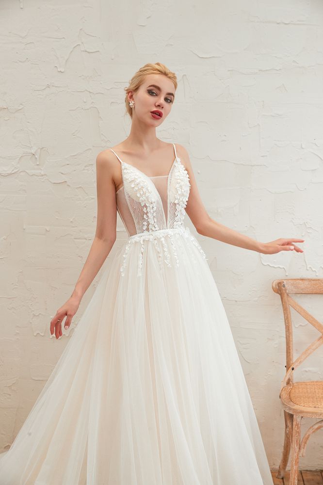 Summer Spaghetti Straps Plunging V-neck Champange Wedding Dress | Sexy Low Back Bridal Gowns Online