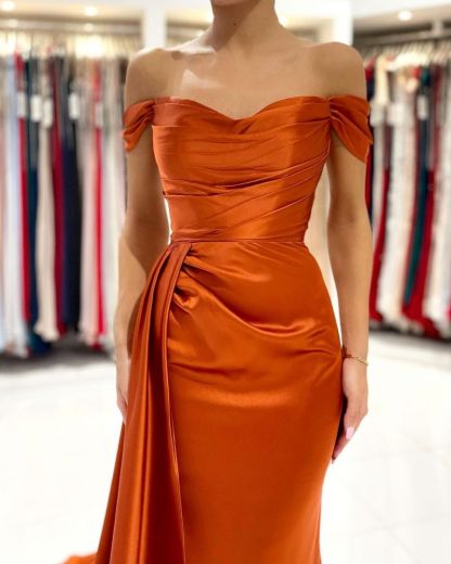 Stunning Stretch Satin Off Shoulder Evening Gown with Side Slit Detachable Train