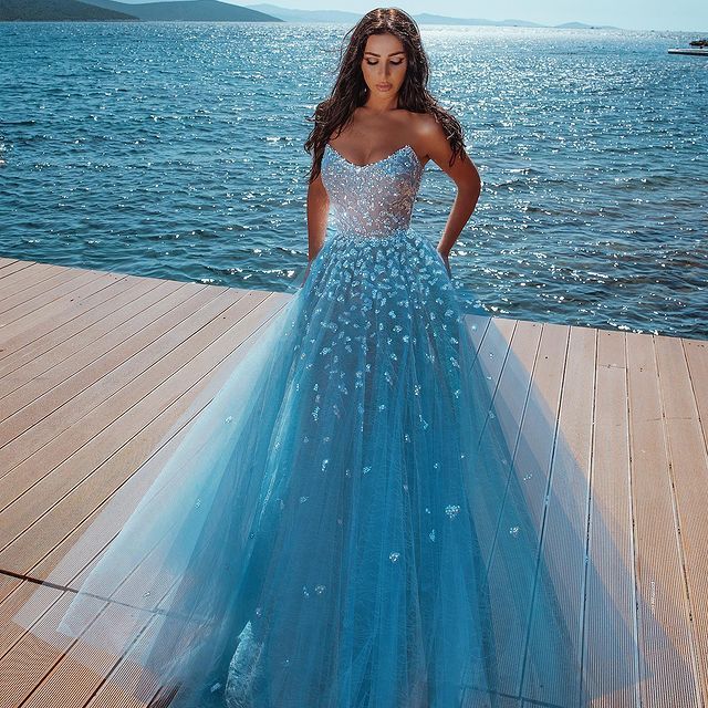 Elegant sky blue Butterfly Strapless Sweetheart Tulle Sparkle Prom Dress