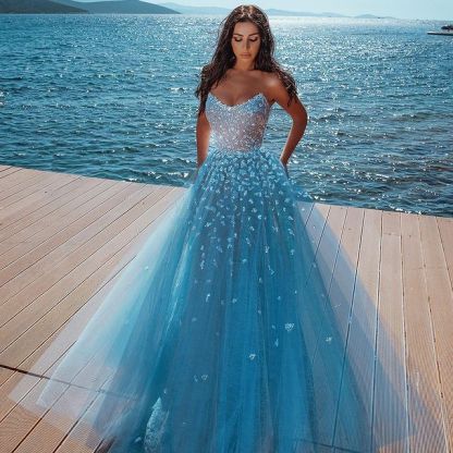 Elegant sky blue Butterfly Strapless Sweetheart Tulle Sparkle Prom Dress