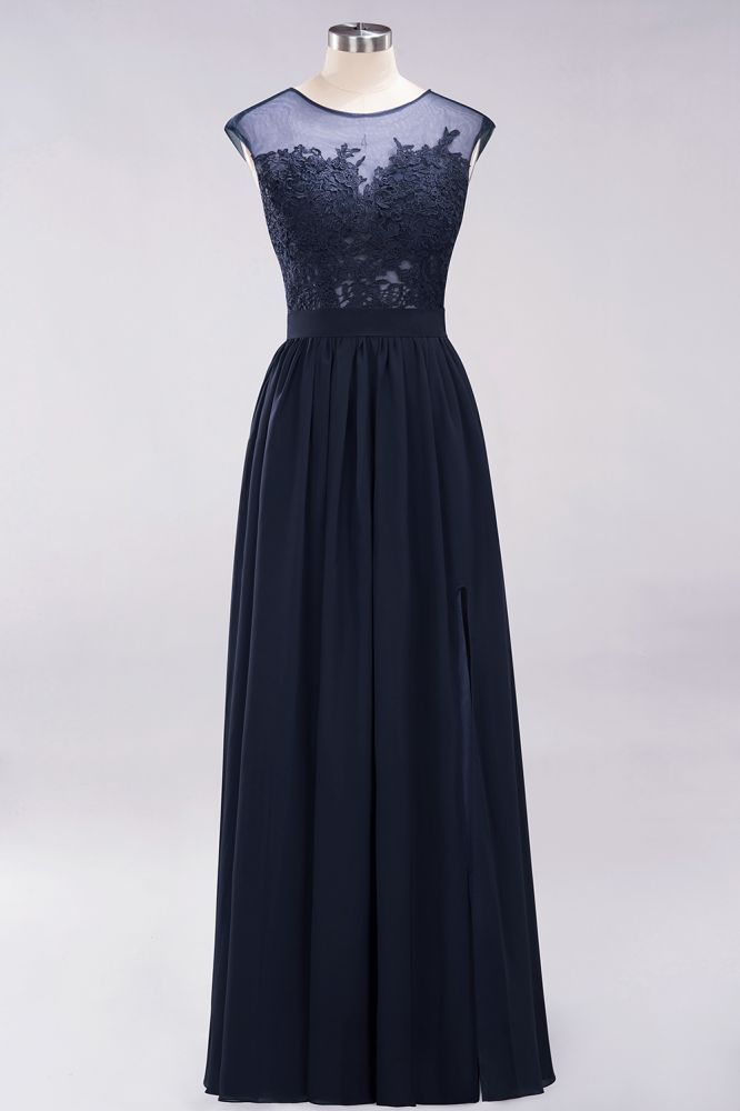 A-line Chiffon Lace Jewel Sleeveless Floor-Length Bridesmaid Dresses with Appliques