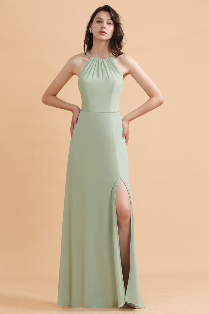 Halter Mint Green Aline Wedding Guest Dress Sleeveles Long Banquet Dress with Side Slit