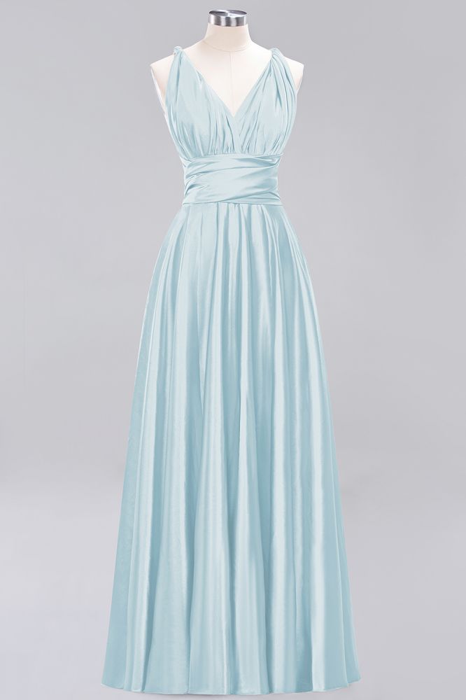Simple A-Line V-Neck Sleeveless Floor Length Convertible Bridesmaid Dress with Ruffles