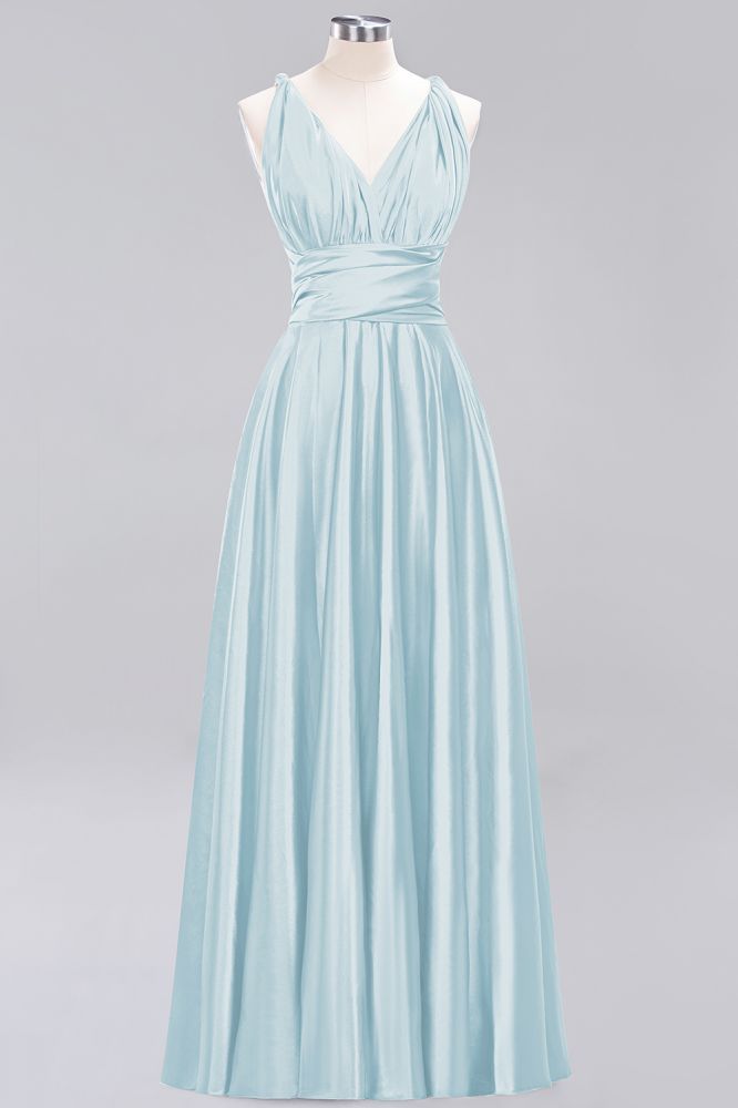 Simple A-Line V-Neck Sleeveless Floor Length Convertible Bridesmaid Dress with Ruffles