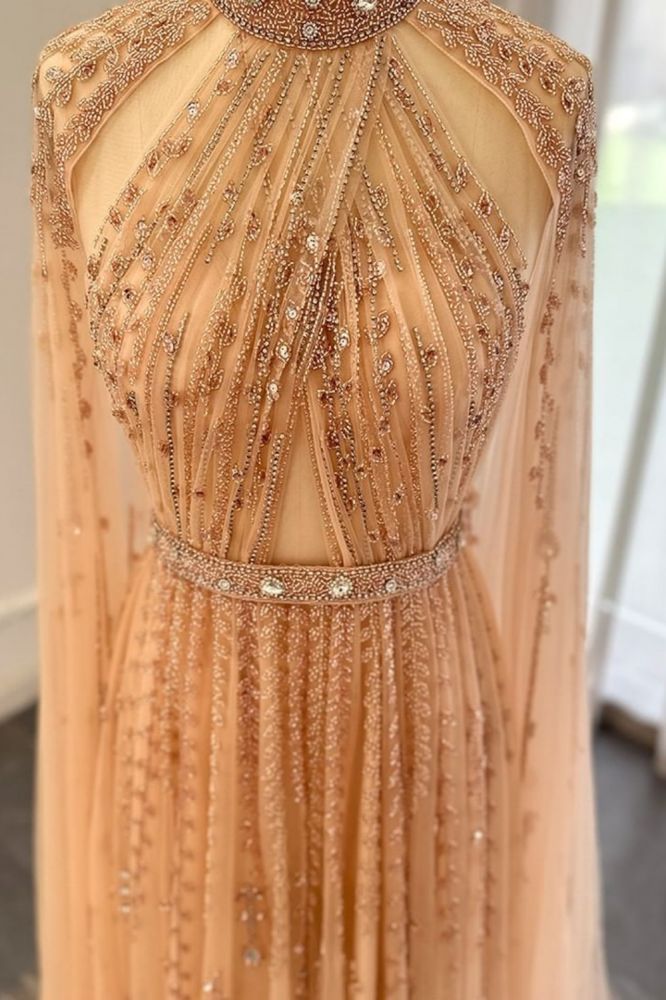 Halter Tulle Beadings Floor-Length Evening Dress with Cap Sleeves Tulle Party Dress