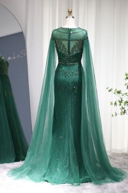 Luxury Scoop Neck Beading Mermaid Evening Dress Cape Sleeves Dubai Wedding Party Gown