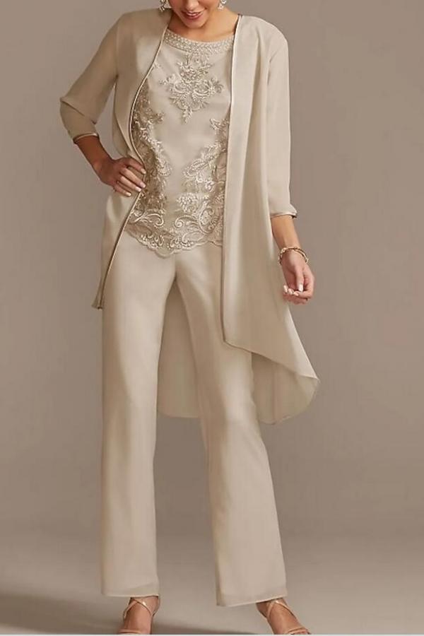 Chiffon Mother of the Bride Dress Scoop Neeck Floral Lace Jumpsuit Wedding Guest Dress