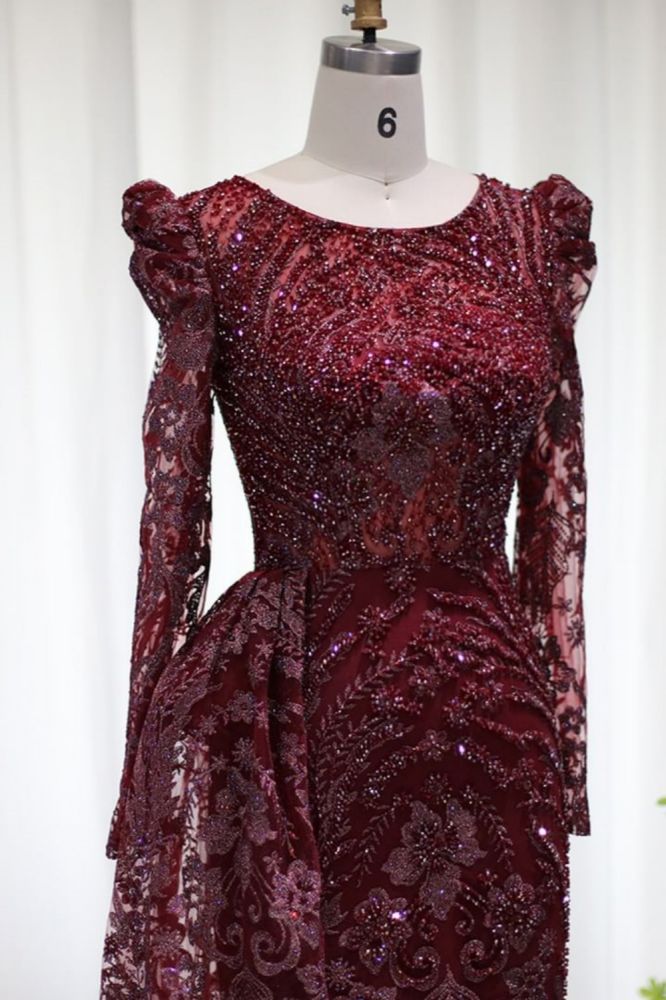 Luxury Scoop Puffy Sleeves Mermaid Evening Gown Sparkly Beading Floral Appliques Formal Dress with Sweep Train-Babyonlinewholesale