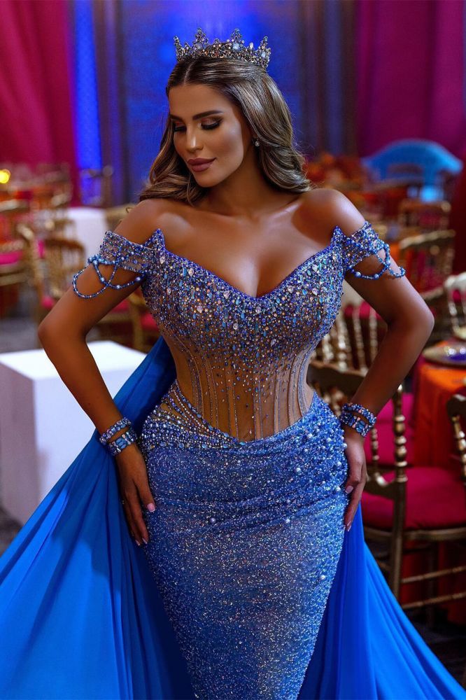 Cap sleeves Blue Mermaid Blue Long Prom dresses with cape