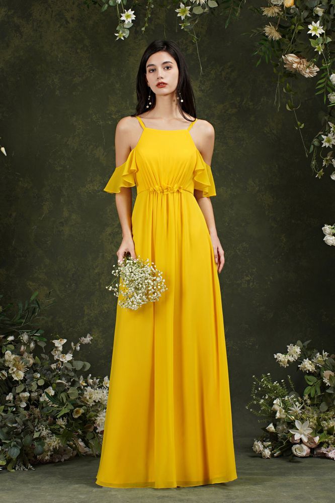 Beautiful Yellow Off-the-Shoulder Ruffles A-Line Chiffon Bridesmaid Dress With Pockets