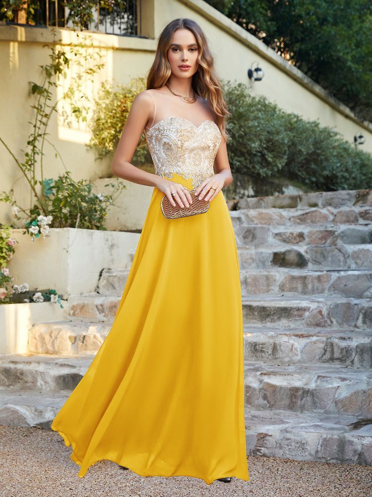 Sleeveless Lace Appliques Long Prom Dresses Chiffon Evening Party Gown