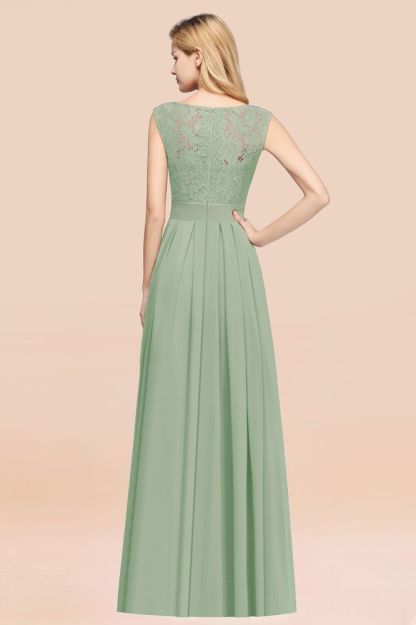 A-line Chiffon Lace Jewel Sleeveless Ruffles Floor-length Bridesmaid Dress