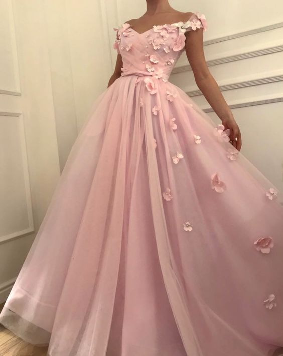 Pink Flowers A-Line Tulle Long Prom Dress | Elegant Off-the-Shoulder Evening Gowns