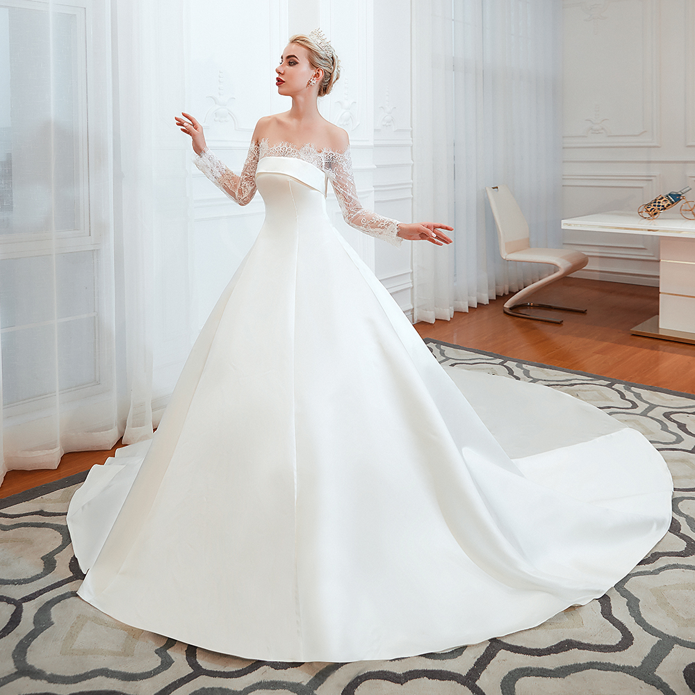Romantic Lace Long Sleeves Princess Satin Wedding Dress | Princess Bridal Gowns with Cathedral Train
