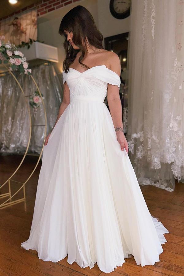 Off the shoulder sweetheart a-line satin wedding dress