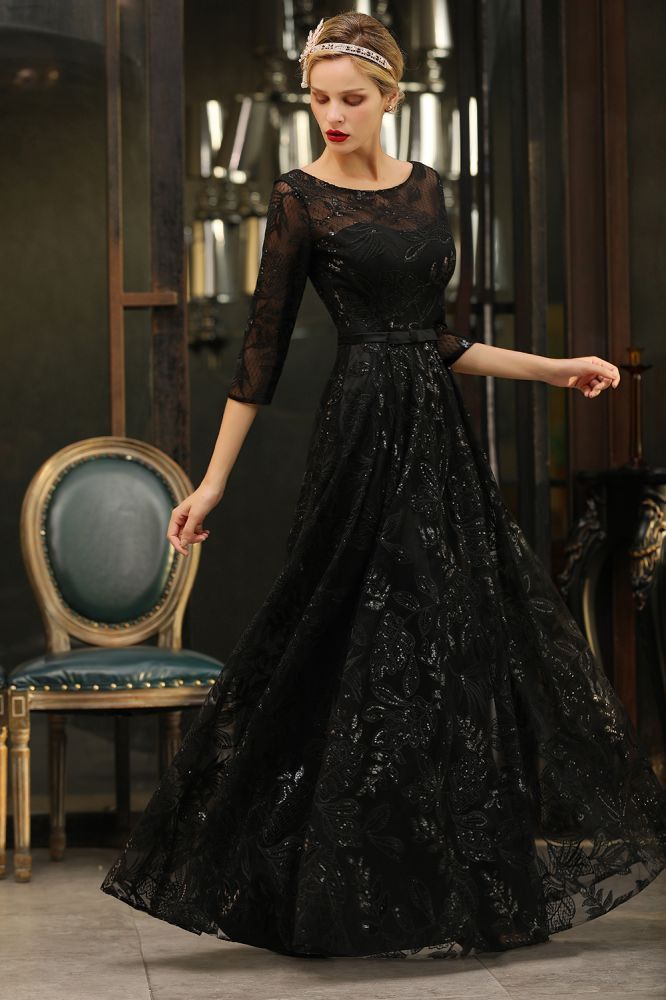 Acacia | Scoop neck Long Sleeves Black Prom Dresses with Sparkly Floral Designs