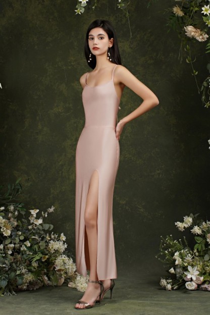 Sleeveless Satin Side Slit Prom Dress Stunning Spaghetti Straps Long Evening Dress