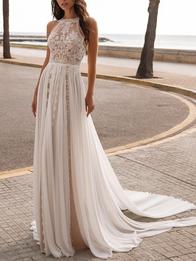 High neck Lace Empire Ivory Chiffon Wedding Dresses