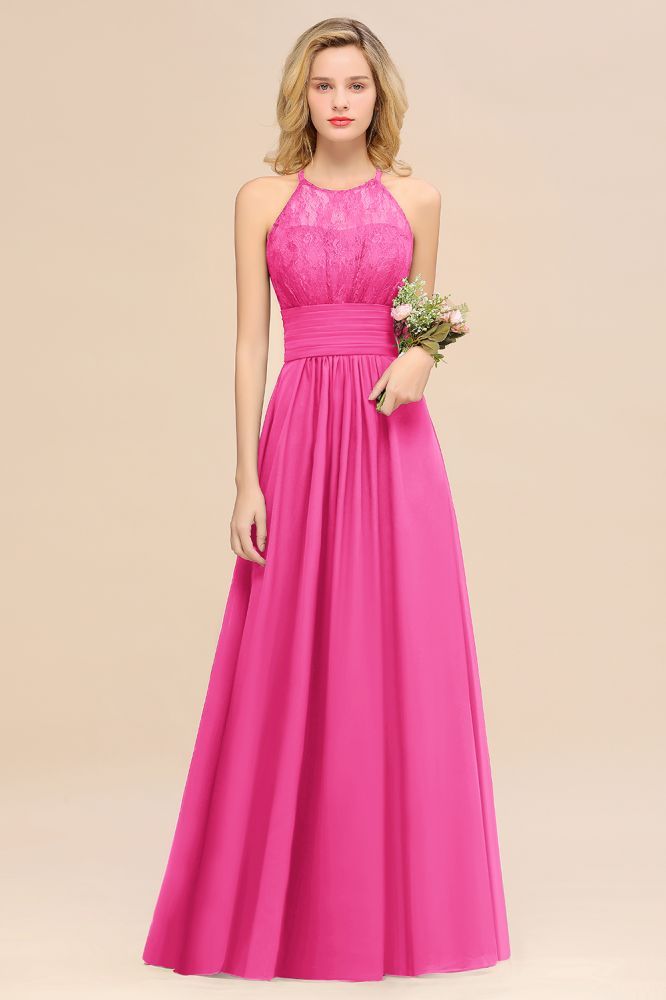 Purple Elegant Halter Hollow Lace Aline Maid of Honor Dress Floor Length Chiffon Bridesmaid Dress