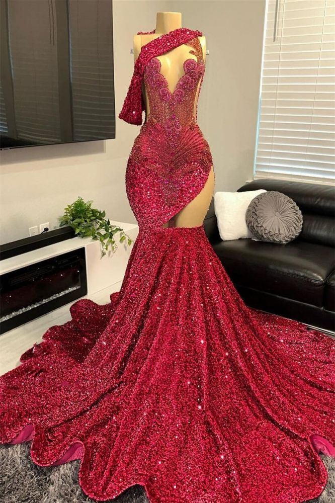 One shoulder Keyhole Burgundy Mermaid sequin Prom Dresses