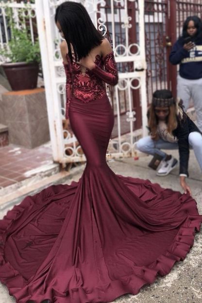 Sexy Burgundy Sequins Mermaid Prom Dresses | Long Sleeves Evening Dresses On Sale
