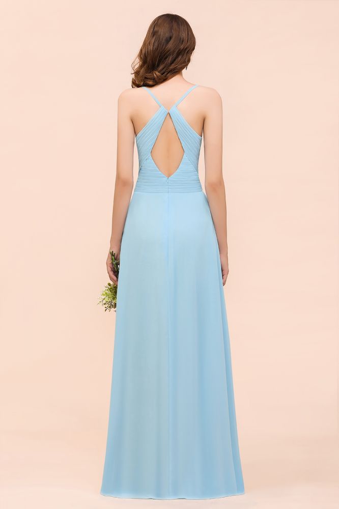 Sky Blue Sweetheart Chiffon Long Bridesmaid Dress Aline Wedding Party Dress with Straps