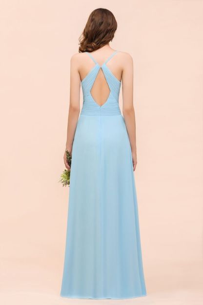 Sky Blue Sweetheart Chiffon Long Bridesmaid Dress Aline Wedding Party Dress with Straps